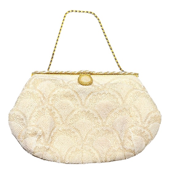 Vintage white beaded evening bag with chain - Picture 1 of 13